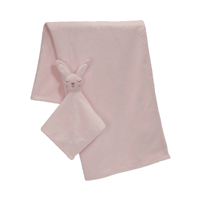 Zoom bild av kanin, rosa, filt, dinglis, blankey, nalle, mjukisdjur, brodyr, present, dop, födelsedag, julklapp