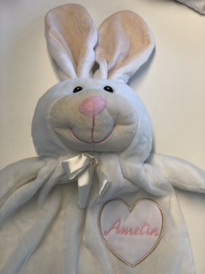 Zoom bild av tultrasa, blankey, maskott, kanin, baby, doppresent, barn, mjuk, gosig, gullig