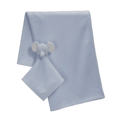 Zoom bild av elefant, ljusblå, blå, filt, dinglis, blankey, nalle, mjukisdjur, brodyr, present, dop, födelsedag, julklapp