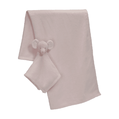 Zoom bild av elefant, rosa, filt, dinglis, blankey, nalle, mjukisdjur, brodyr, present, dop, födelsedag, julklapp