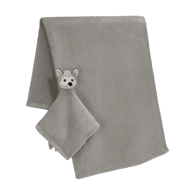 Zoom bild av varg, wolf, grå, filt, dinglis, blankey, nalle, mjukisdjur, brodyr, present, dop, födelsedag, julklapp