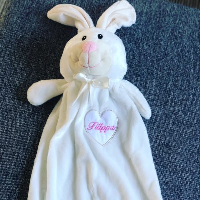 Zoom bild av tultrasa, blankey, maskott, kanin, baby, doppresent, barn, mjuk, gosig, gullig